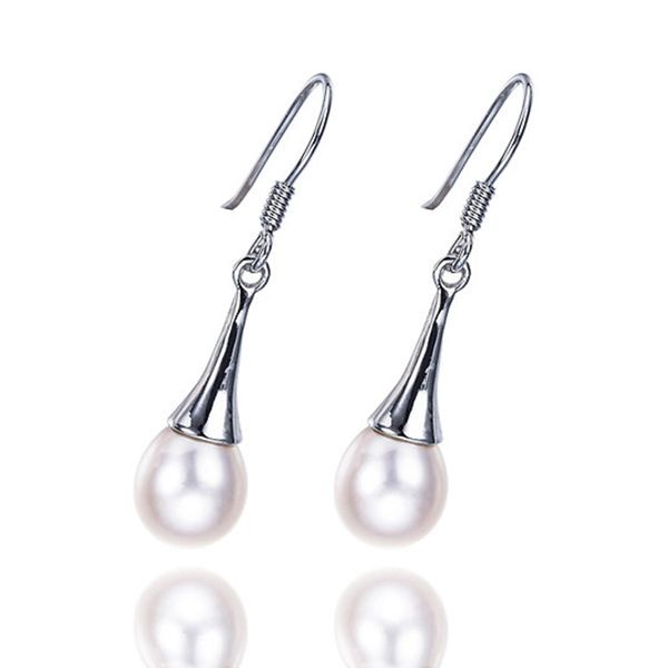 Sterling Silver Modern Drop White Freshwater Pearl Earrings